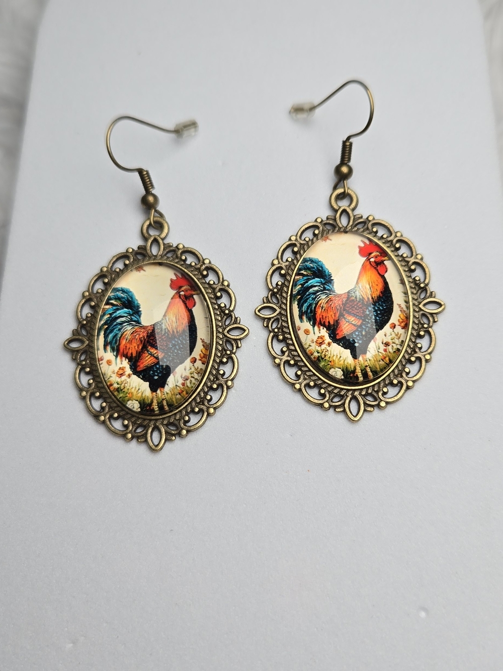 Rooster Earrings Glass Cabochon Antique Gold Filigree Farmhouse Chicken Dangle - Picture 3 of 5